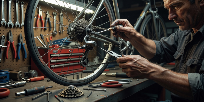 Bicycle mechanic using specialized tools on a rear derailleur
