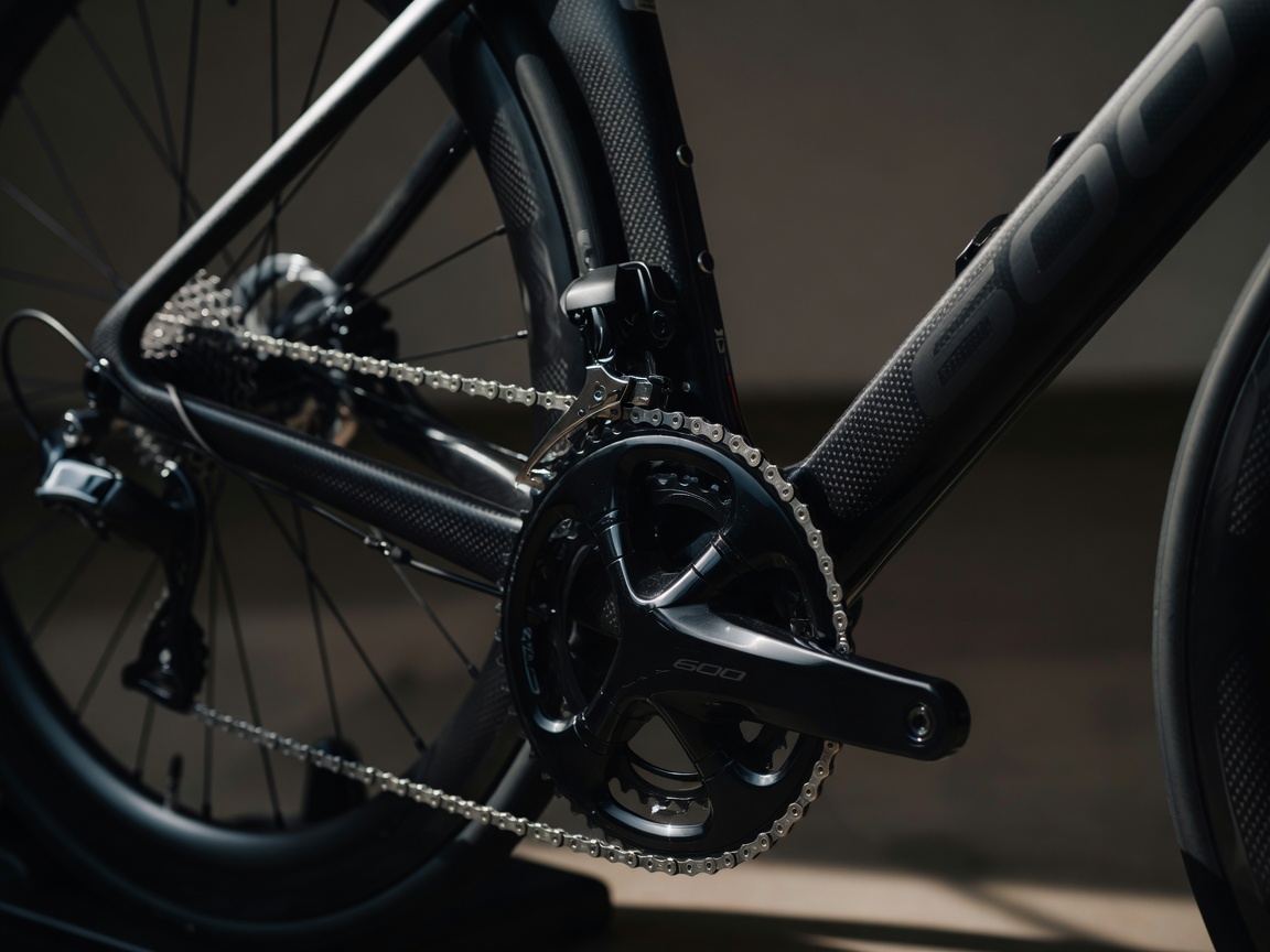 Close up of a road bike carbon fiber groupset and aerodynamic frame