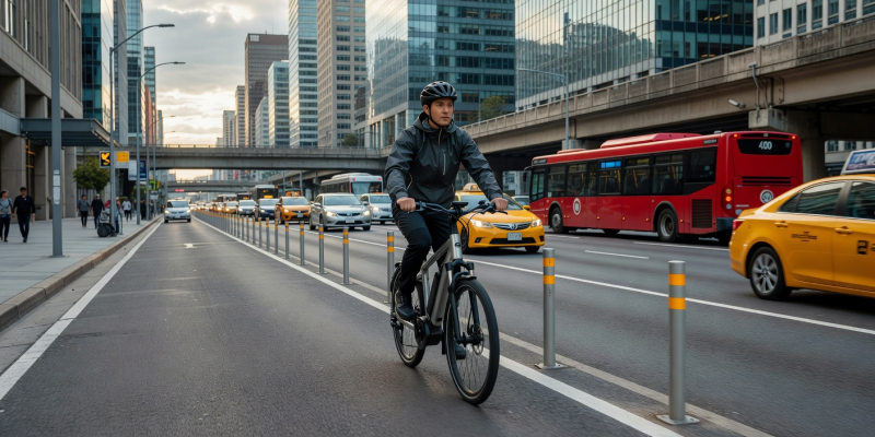 Commuter riding an e-bike in a dedicated cycle lane next to city traffic