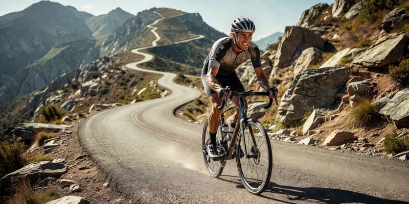 Cyclist pushing hard up a mountain pass focusing on exertion and training