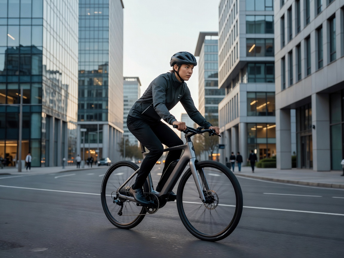Cyclist riding an electric bike through a modern city street