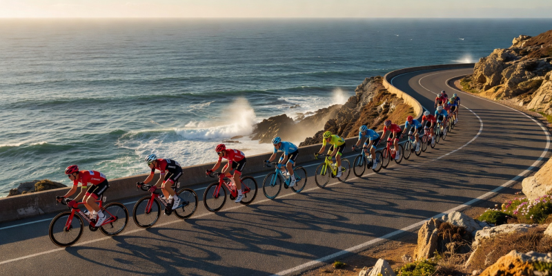 Group of road cyclists in tight formation racing along a coastal road