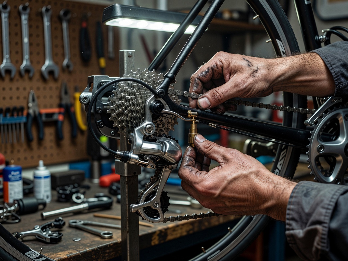Mechanic hands adjusting a bicycle derailleur on a repair stand