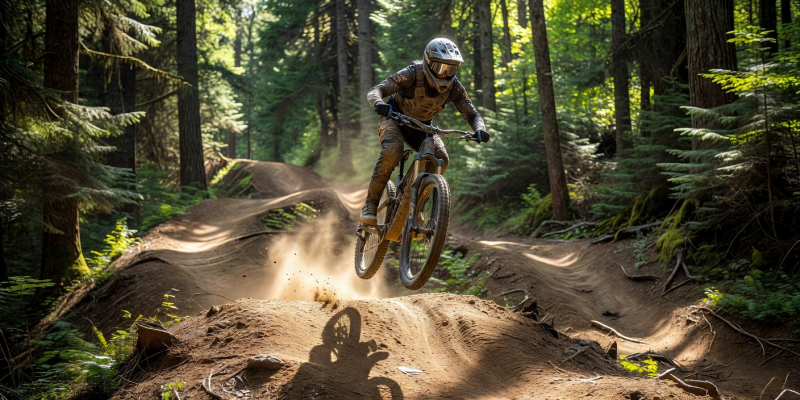 Mountain biker catching air over a dirt jump on a forest trail