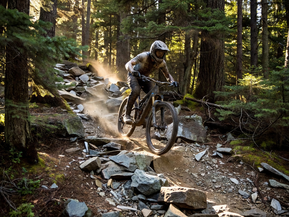 Mountain biker navigating a steep, rocky trail in a forest